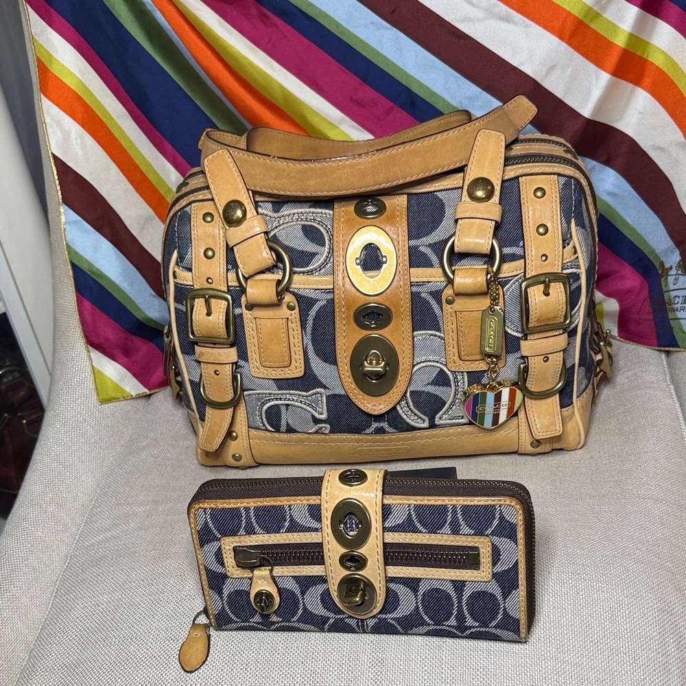 Coach Legacy Ltd Edition Applique Signature Studded Script Denim Lily & Wallet